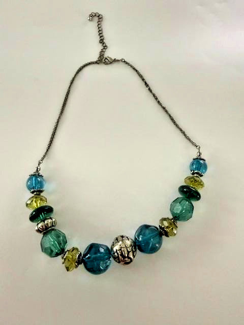 Teal Blue Green Chunky Acrylic Bead Statement Necklace Silver Tone 20