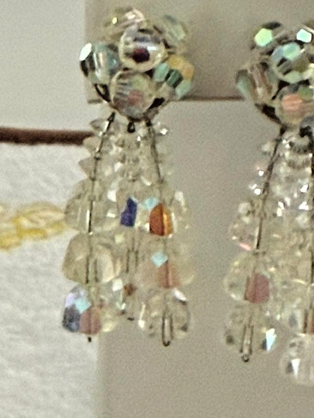 Vintage AB Crystal Bead Cluster Dangle Clip On Earrings Clear Aurora Borealis