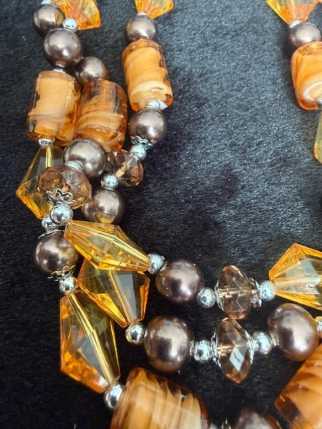 Amber Color  Glass Three Strand Necklace. Hook on Earring Set