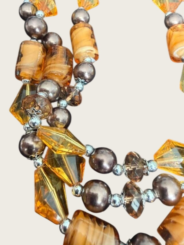 Amber Color  Glass Three Strand Necklace. Hook on Earring Set