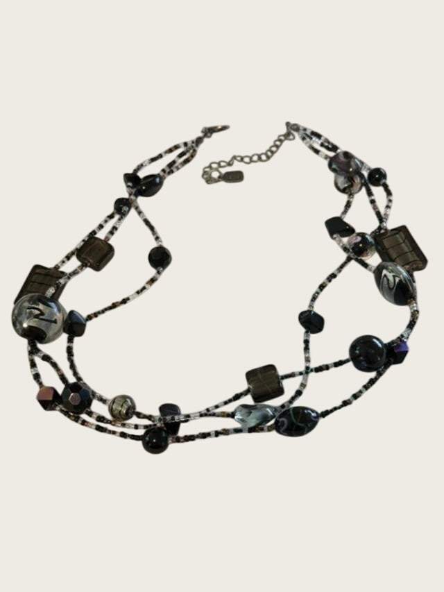 Vintage Tiara Misu Multi Strand Black Gray Glass Bead Statement Necklace