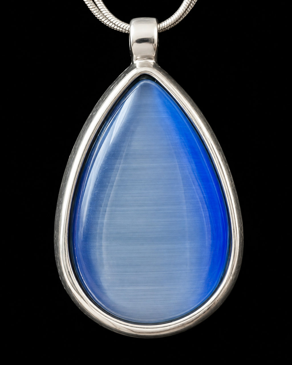 Blue Cat’s Eye Glass Teardrop Pendant Double Snake Chain Necklace 19"