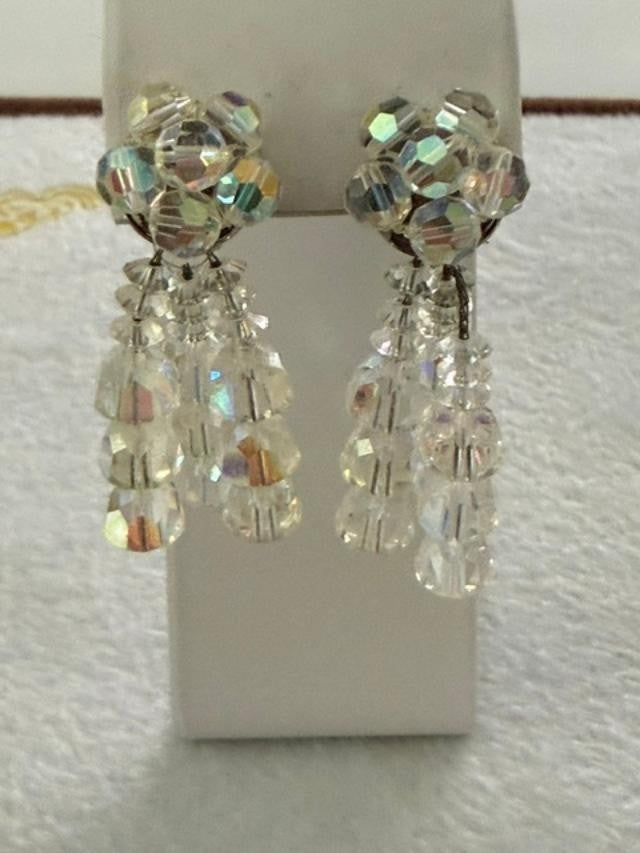 Vintage AB Crystal Bead Cluster Dangle Clip On Earrings Clear Aurora Borealis