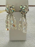 Vintage AB Crystal Bead Cluster Dangle Clip On Earrings Clear Aurora Borealis