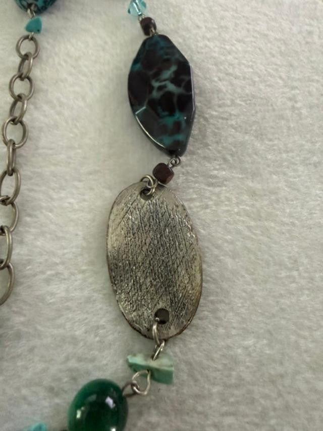 Boho Long Station Necklace Silver Tone Teal Resin Glass Beads Turquoise Chips 34