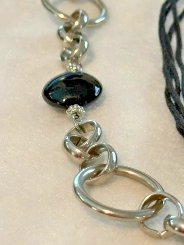 Black Cord Silver Tone Oval Link Statement Necklace 40 Inch Long