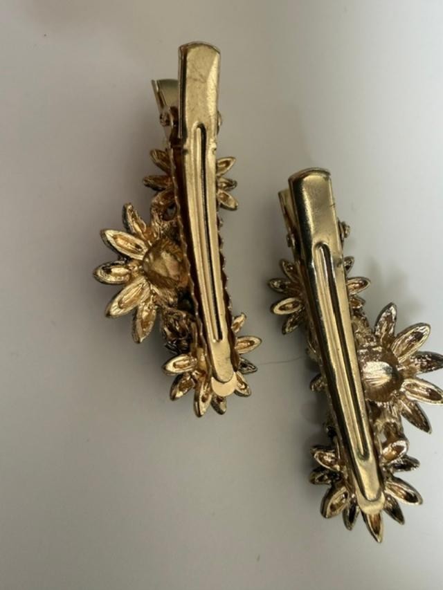 Pair Gold Tone Rhinestone Floral Hair Clips Barrettes 2"