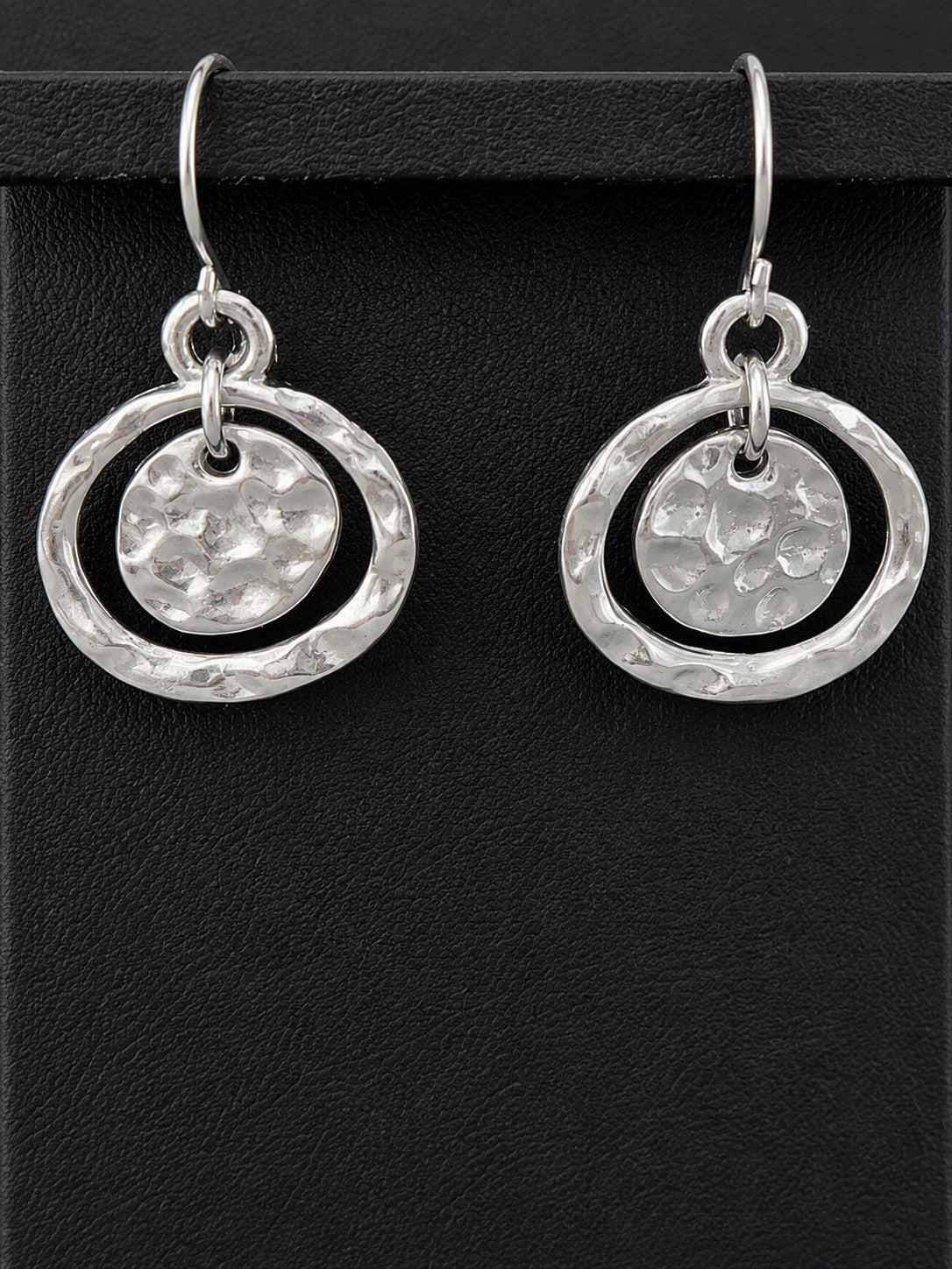 Silver-Tone Hammered Circle Disc Dangle Earrings Fishhook Boho