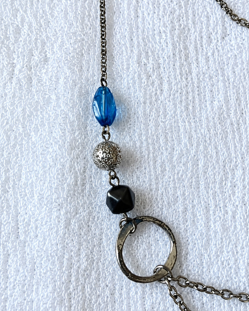Blue Black Beaded Mixed Metal Long Station Double Chain Necklace 40"