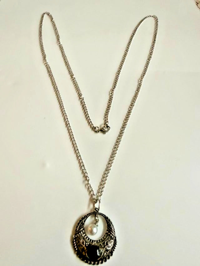Silver Tone Filigree Blue Cabochon Faux Pearl Pendant Necklace 36"