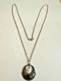 Silver Tone Filigree Blue Cabochon Faux Pearl Pendant Necklace 36"