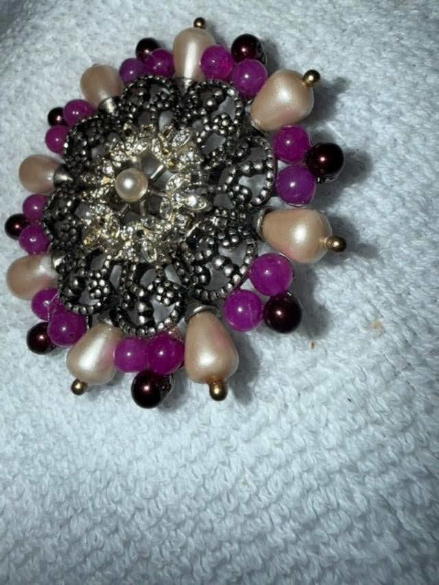 OOAK Upcycled Statement Brooch Faux Pearl Purple Bead Rhinestone Filigree Pin 2"