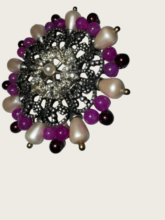 OOAK Upcycled Statement Brooch Faux Pearl Purple Bead Rhinestone Filigree Pin 2"