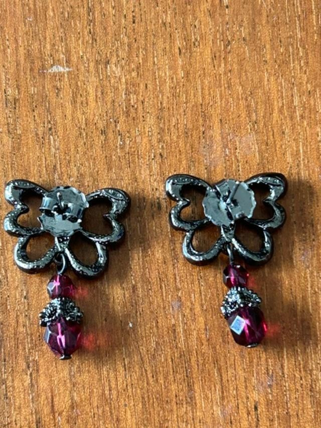 Pink Rhinestone Butterfly Dangle Earrings Gunmetal Tone Pierced