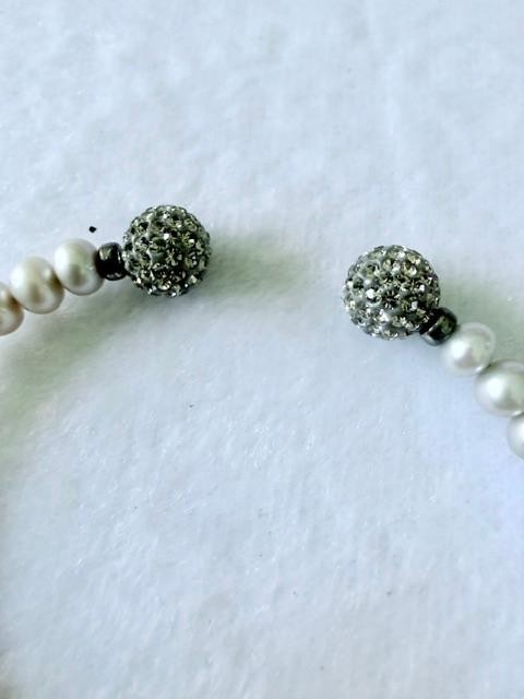 White Faux Pearl Open Cuff Bracelet Rhinestone Pavé Ball Ends Silver Tone