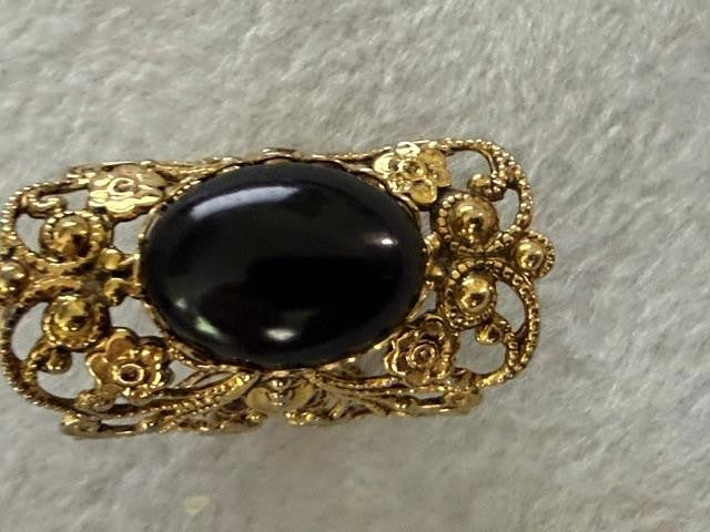 Victorian Revival Gold Tone Filigree Black Oval Cabochon Adjustable Ring