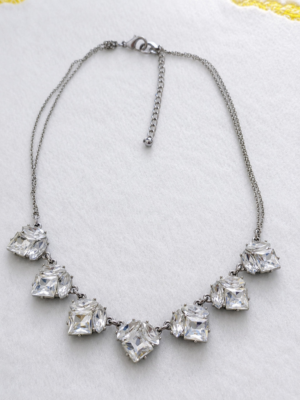 Silver Tone Clear Crystal Heart Station Necklace 17" Rhinestone Statement