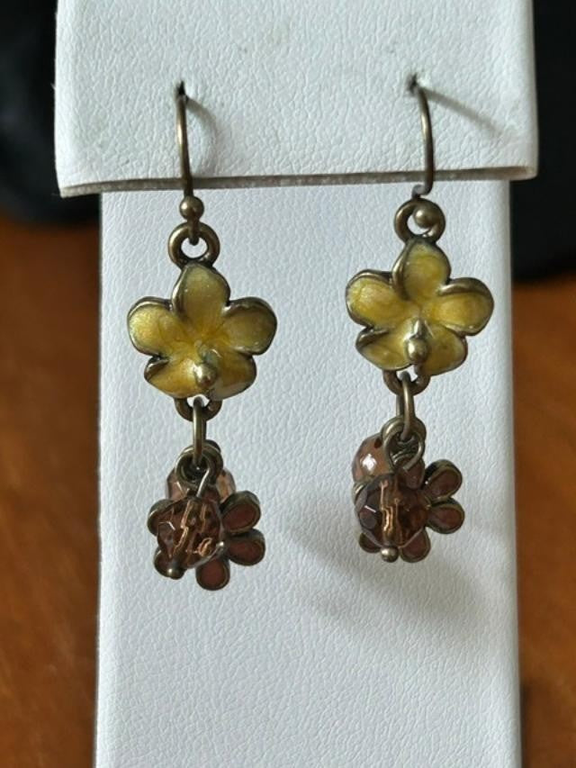 Yellow Enamel Flower Brown Bead Cluster Dangle Earrings Fishhook