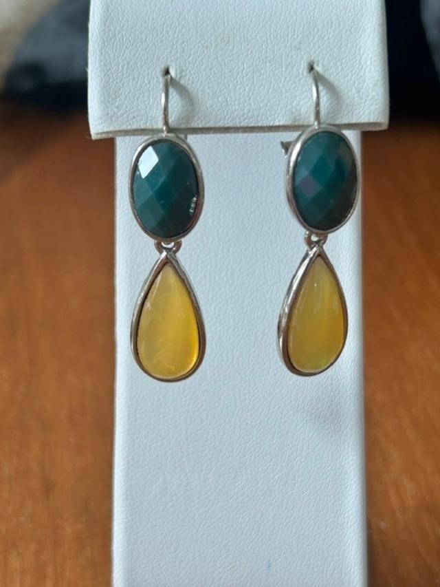 Lia Sophia Teal Green Yellow Teardrop Silver Tone Leverback Earrings