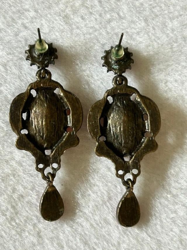 Vintage Red Rhinestone Victorian Revival Dangle Earrings Antique Brass 2"