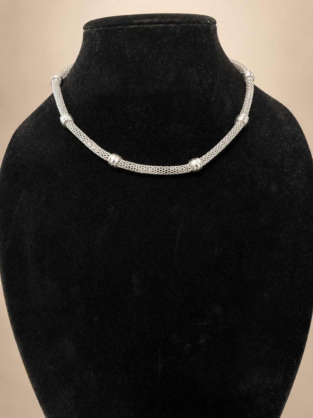 Silver Tone Mesh Necklace with Spacer Rings 15–18 in Adjustable