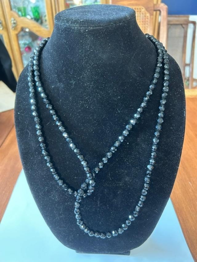 54" Black Faceted Glass Bead Necklace Long Layering Strand