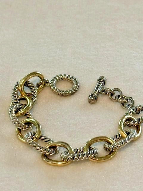 Two Tone Gold Silver Rope Textured Oval Link Bracelet 7 Inch