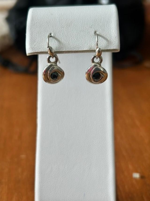 Silver Tone Black Rhinestone Abstract Eye Dangle Fishhook Earrings