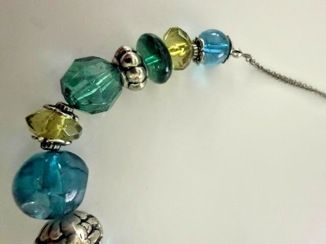 Teal Blue Green Chunky Acrylic Bead Statement Necklace Silver Tone 20
