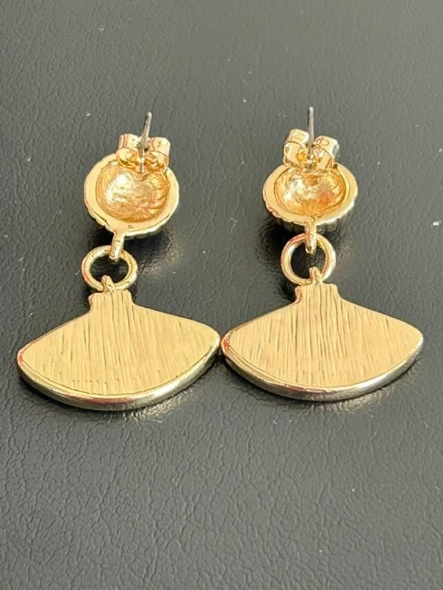 Vintage Gold Tone MOP Look Fan Dangle Pierced Earrings Pink Rhinestone