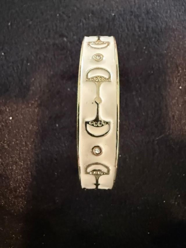 Vintage White Enamel Rhinestone Hinged Bangle Bracelet Gold Tone Art Deco Style