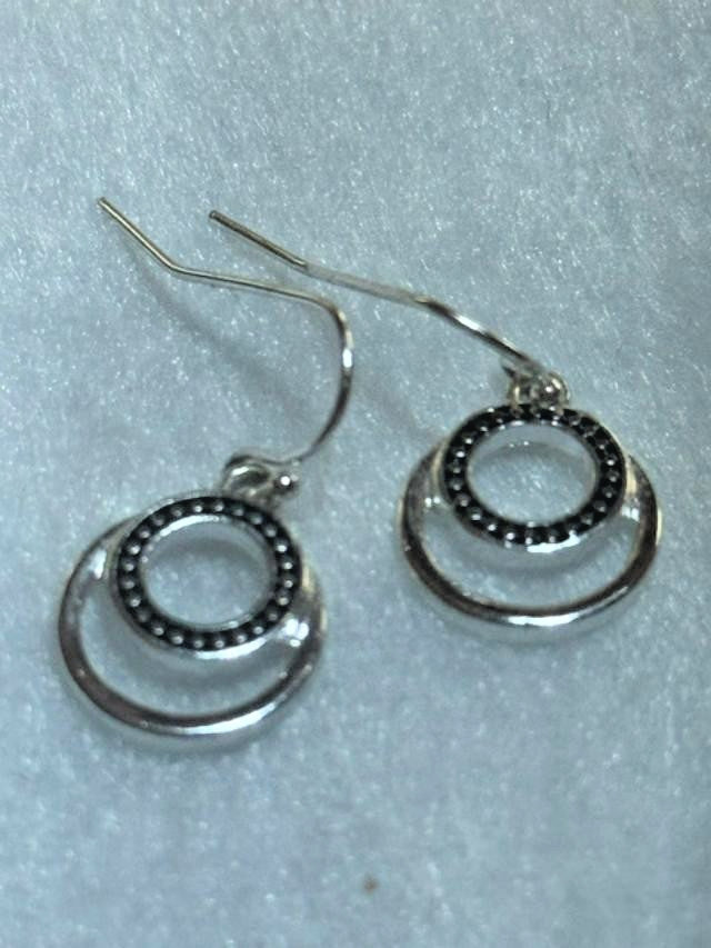 Silver-Tone Black Enamel Double Circle Dangle Earrings Fis Earrings
