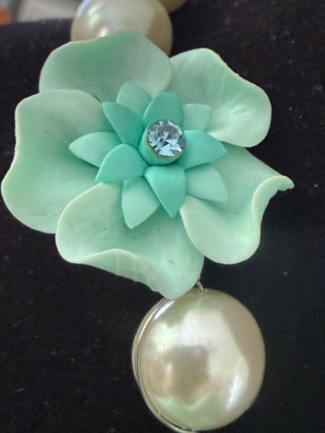 Signed Tiara Misu Aqua Floral Faux Pearl Statement Necklace Rhinestone 16"