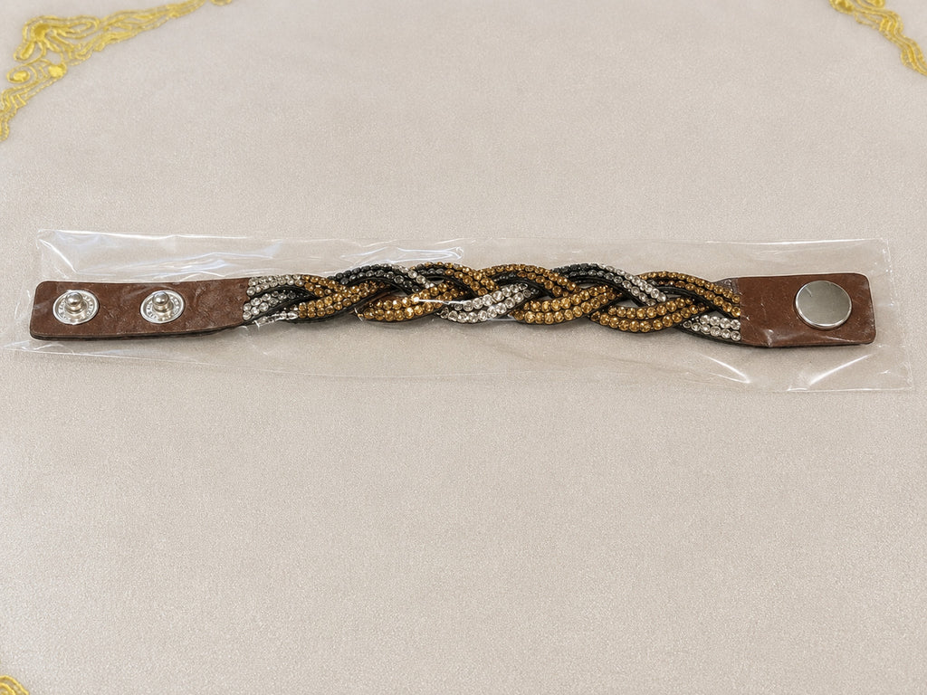 New 8” Brown Leather Braided Rhinestone Bracelet Black Gold Silver