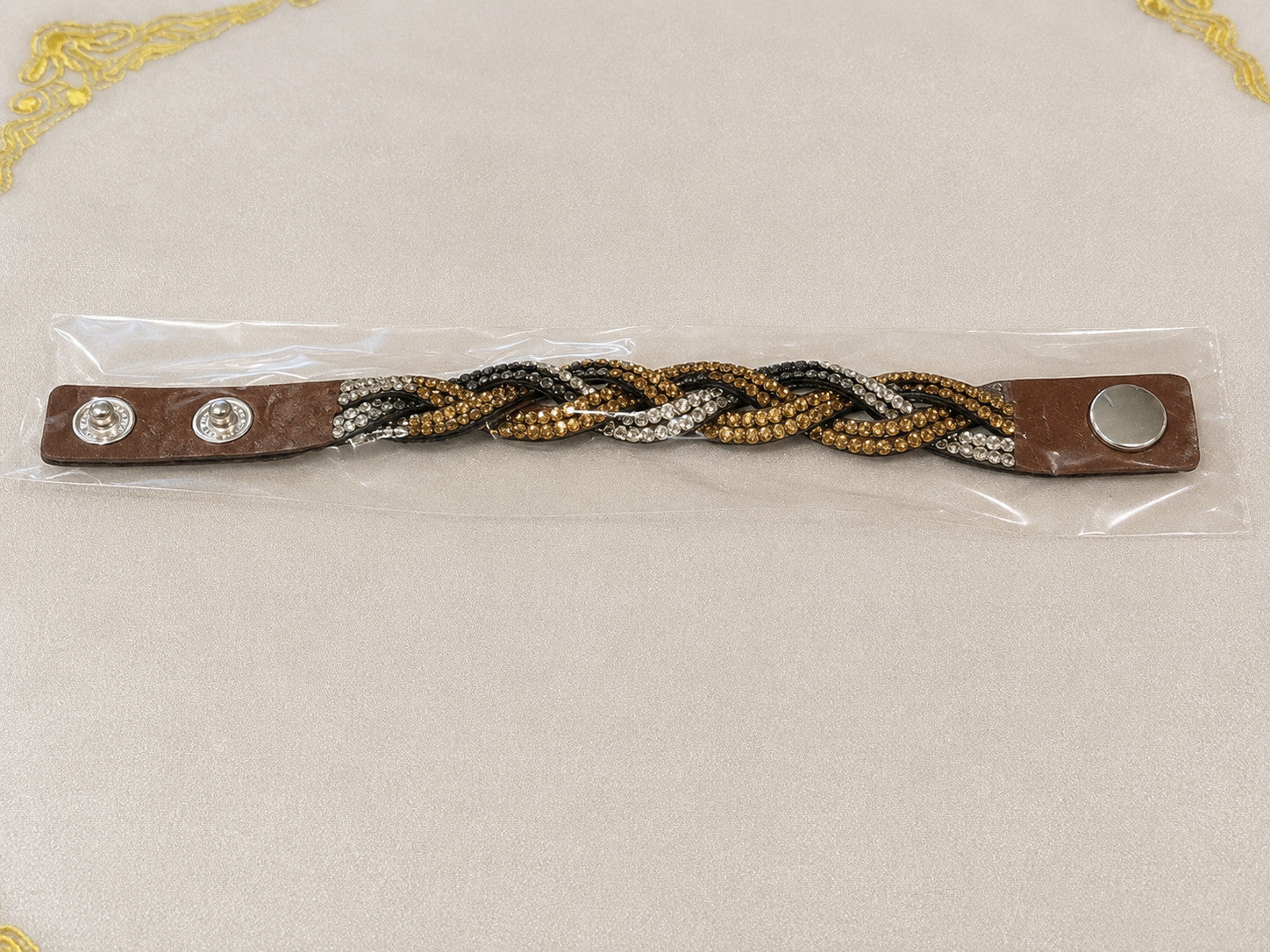 New 8” Brown Leather Braided Rhinestone Bracelet Black Gold Silver