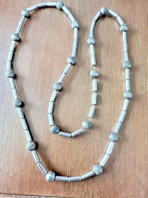 Vintage Silver Tone Ribbed Bead Tube Necklace Southwestern Style 35"