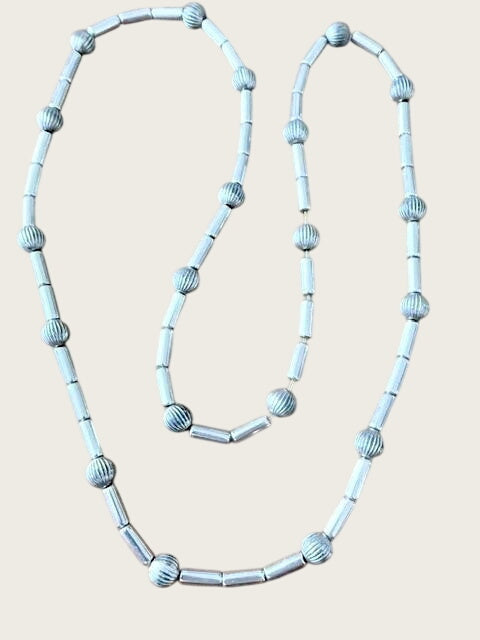 Vintage Silver Tone Ribbed Bead Tube Necklace Southwestern Style 35"