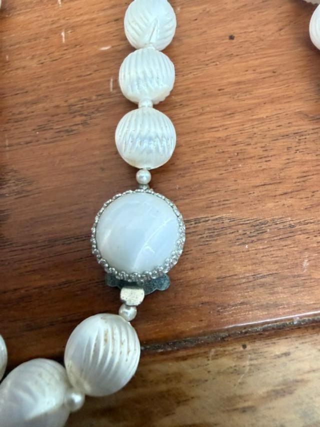 vintage long white carved plastic / acrylic bead necklace, approx. 55 inches
