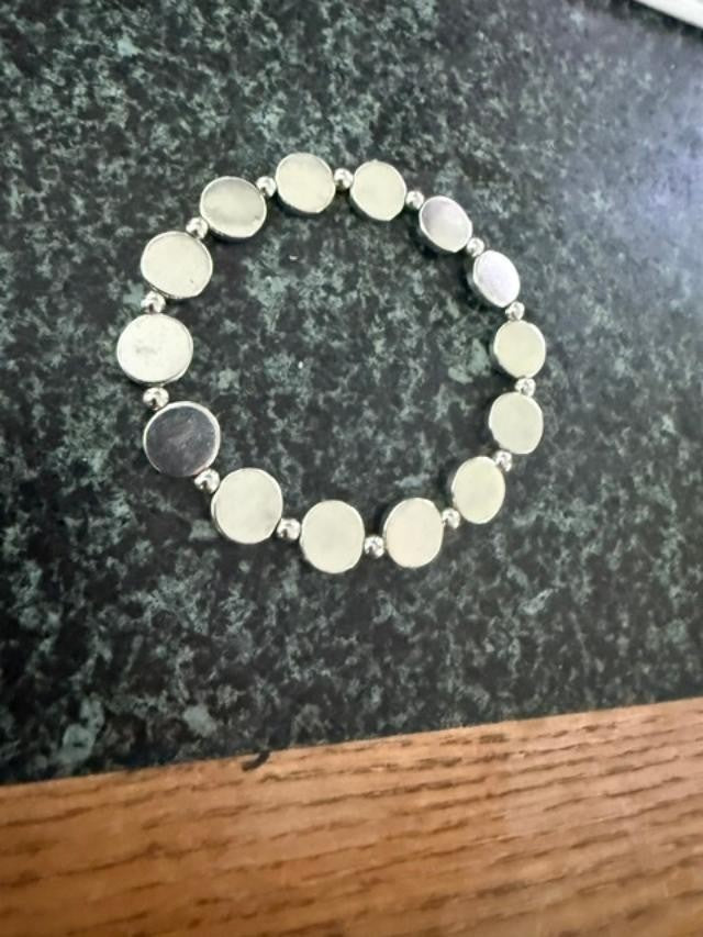 Silver Tone Flat Round Disc Bead Stretch Bracelet Minimalist Boho