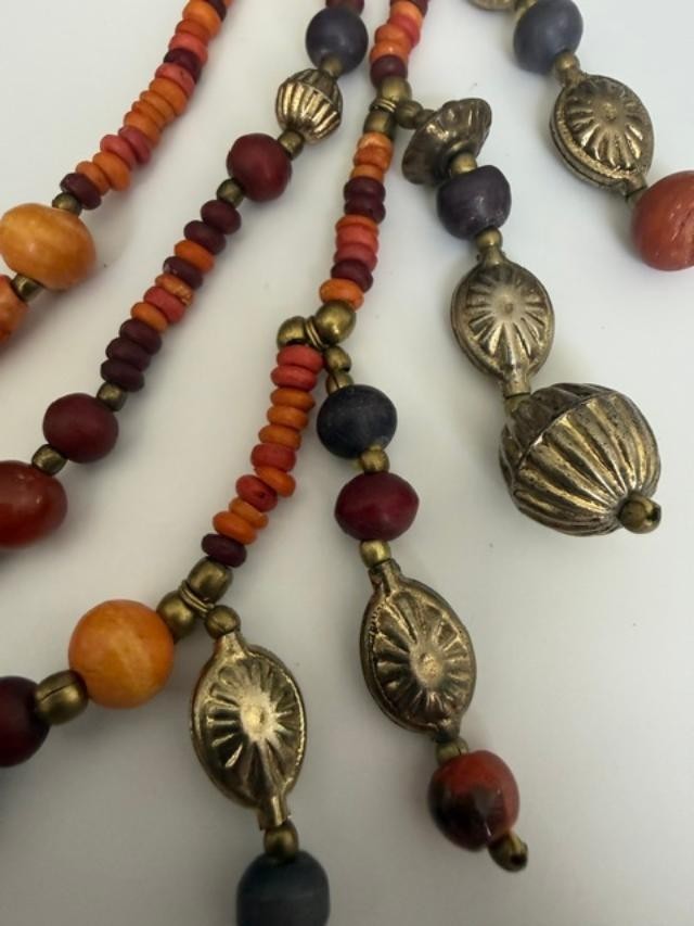 Boho Tribal Bead Necklace Earrings Set Orange Red Brass Tone Dangles