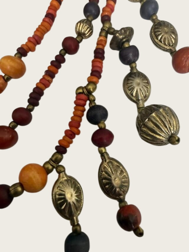 Boho Tribal Bead Necklace Earrings Set Orange Red Brass Tone Dangles