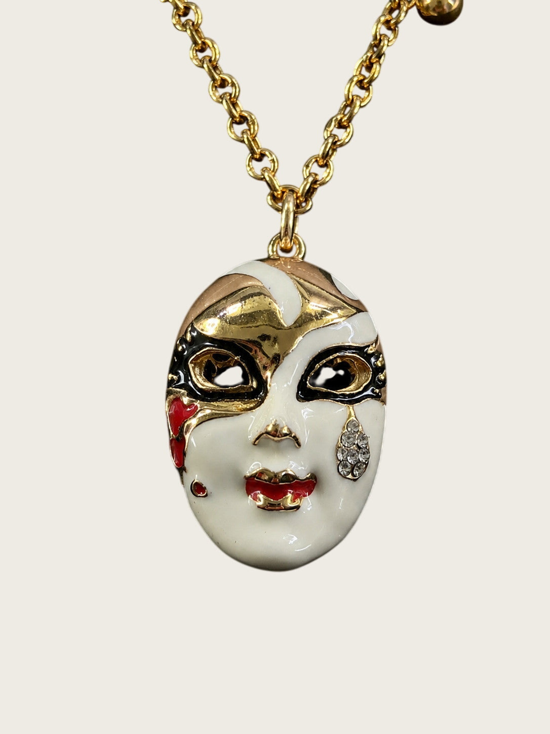Vintage Gold Tone Venetian Masquerade Mask Pendant Necklace Enamel Rhinestone 31