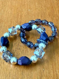 Set of 2 Dark Blue Faceted Bead Stretch Bracelets Silver Tone