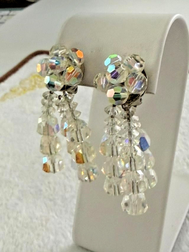 Vintage AB Crystal Bead Cluster Dangle Clip On Earrings Clear Aurora Borealis