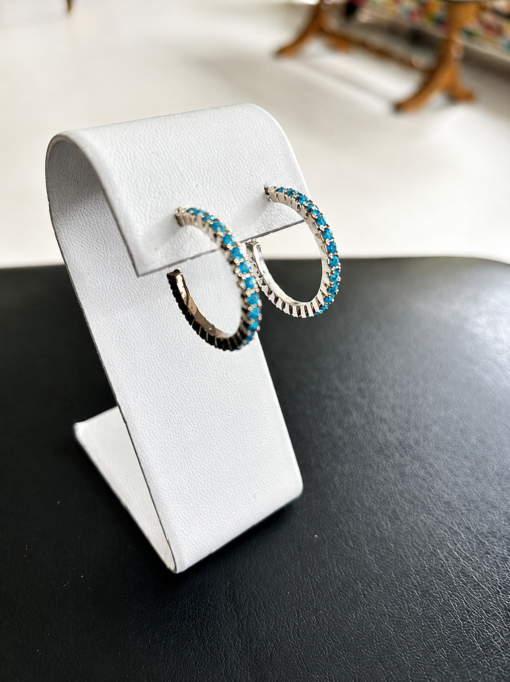 Silver Tone Turquoise Blue Rhinestone Open Hoop Pierced Earrings