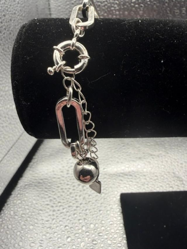 Silver Tone Chunky Paperclip Link Charm Bracelet Ball Rhinestone Tag Dangle Mode