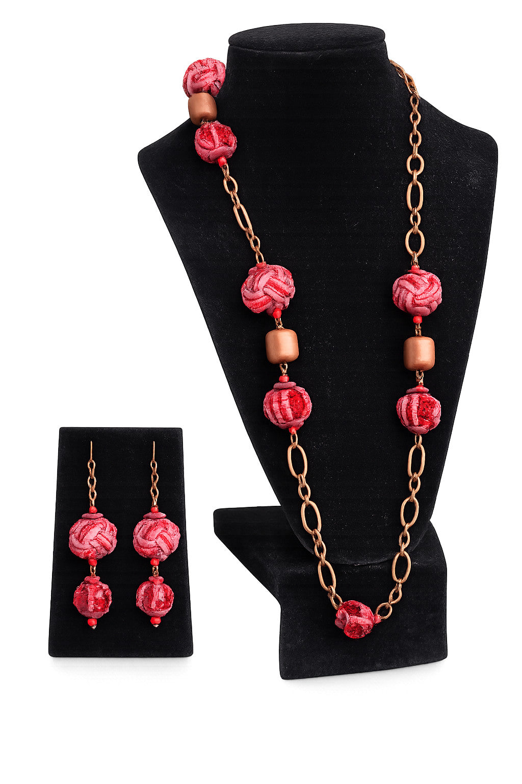 36" Boho Pink Woven Textile Bead Necklace & Earring Set Copper Tone Artisan Sty