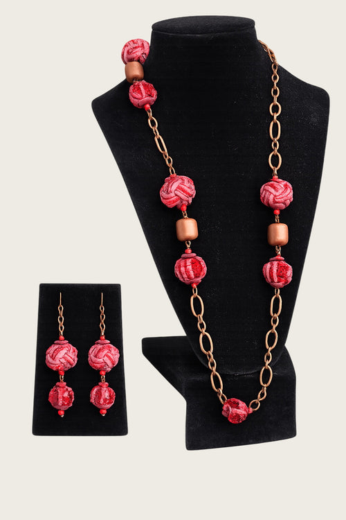 36" Boho Pink Woven Textile Bead Necklace & Earring Set Copper Tone Artisan Sty