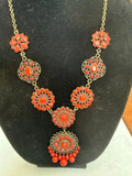 Orange Faux Coral Filigree Boho Statement Necklace 23" + 3" Extender
