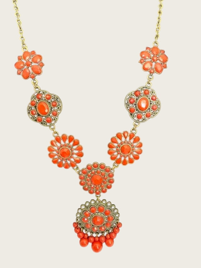 Orange Faux Coral Filigree Boho Statement Necklace 23" + 3" Extender